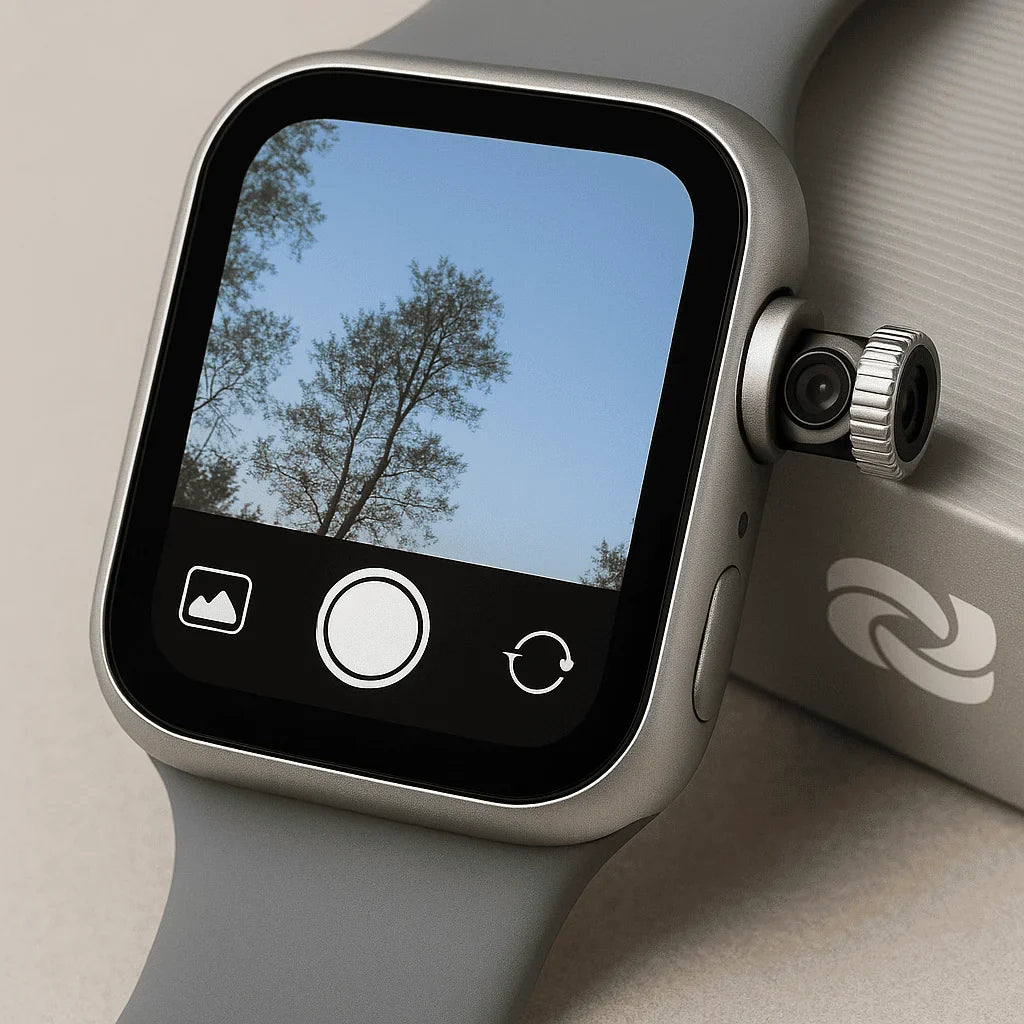 Smartwatch com câmera integrada para fotos e vídeos.