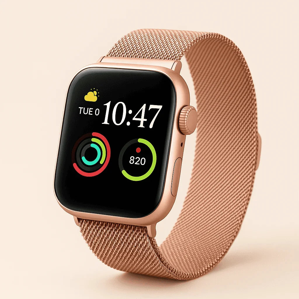 Smartwatch feminino elegante com pulseira refinada.