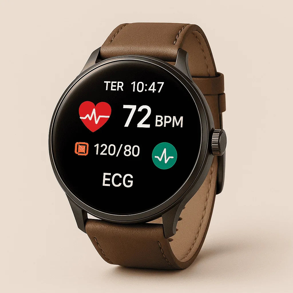 Smartwatch com monitoramento de ECG e pressão arterial.