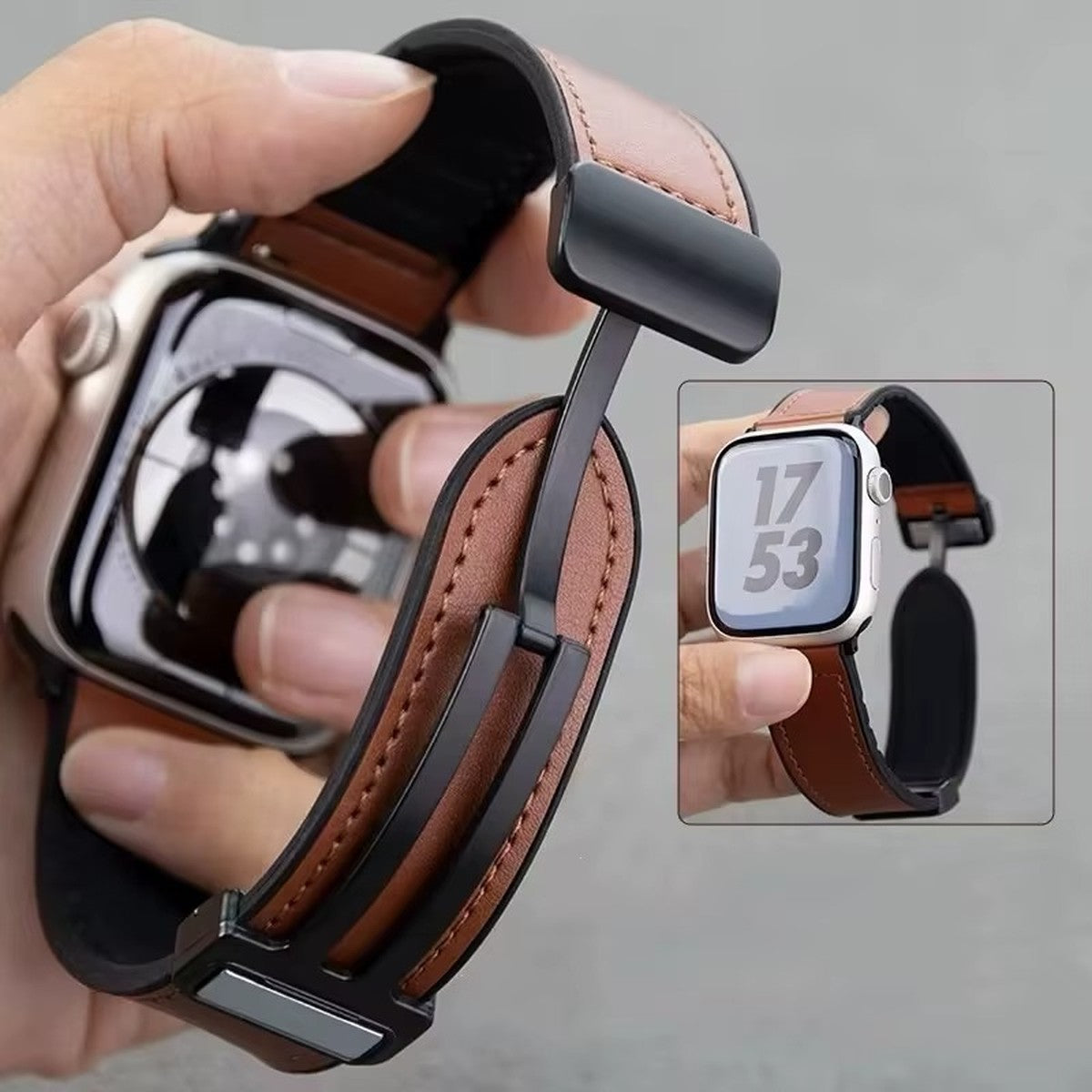 Pulseira de Couro Magnética Dobrável Luxo 42/44/45/47/49 mm