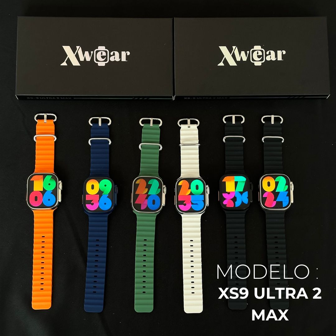 XS9 ULTRA 2 MAX - 6 MODELOS E CORES (CASE/PULSEIRA), 1. PRATA/LARANJA, 2. AZUL/AZUL, 3. PRATA/VERDE, 4. PRATA/AREIA, 5. PRETO/PRETO, 6. PRATA/PRETO.  