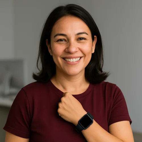 Retrato de Ana Lúcia, cliente da HatCat de 42 anos de Campinas/SP, sorrindo após receber seu smartwatch.