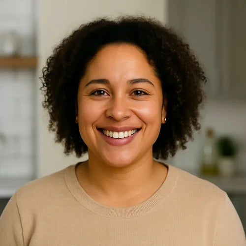 Retrato de Juliana, cliente da HatCat de 38 anos de Belo Horizonte/MG, satisfeita com a entrega e embalagem do pedido.