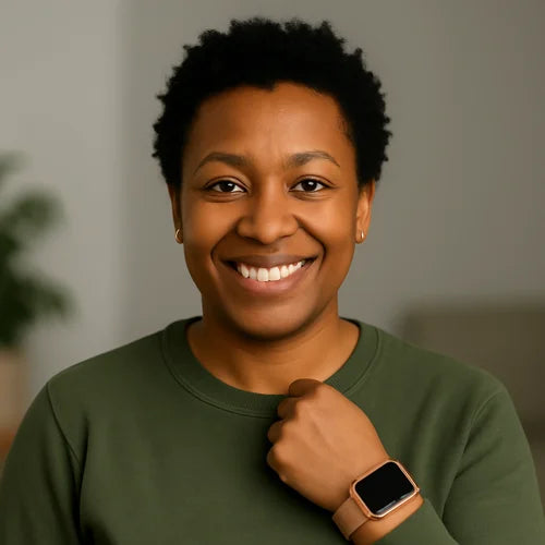 Retrato de Márcia, cliente da HatCat de 46 anos de Ribeirão Preto/SP, recomendando o smartwatch que ganhou de presente.