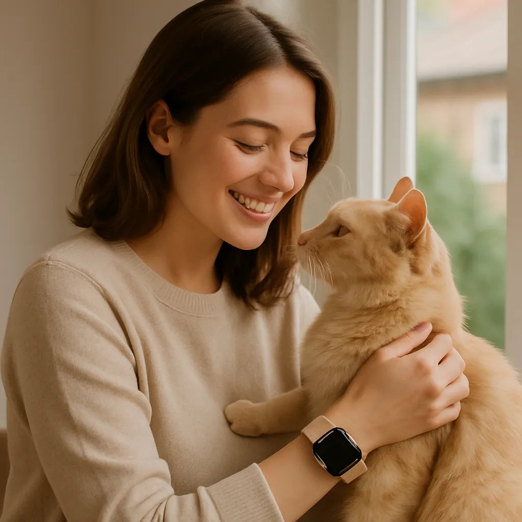 Mulher sorrindo, com cabelo castanho claro e curto, usando um smartwatch rose gold e acariciando um gato laranja em um ambiente bem iluminado por uma janela.